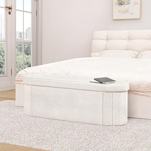B FSOBEIIALEO Ottoman with Storage for Living Room, Sherpa Folding Storage Ottoman Foot Rest, 43.3 Inches Collapsible Bedroom Bench White thumbnail 8