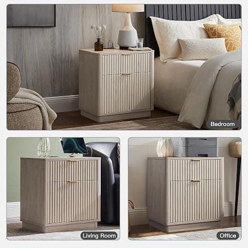 T4TREAM 23'' Fluted Nightstand Set of 2 with Charging Station, Large 2 Drawer Side Table, Modern End Table with Storage, Mid Century Bedside Table for Bedroom, Living Room, Curved Profile, White Alder thumbnail 6