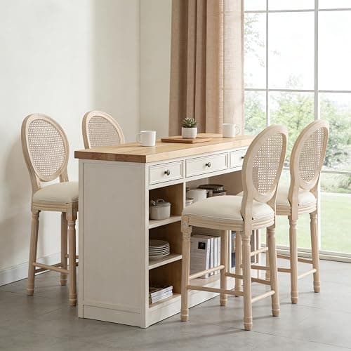 SetteeBit French Country Barstool Set of 4, Linen Farmhouse Counter Height Chair with Round Back and Solid Wood Legs, Oval Chairs for Bar, Kitchen, Restaurant thumbnail 2