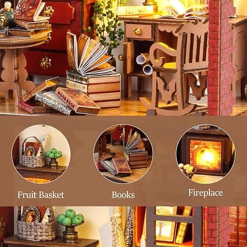 DIY Book Nook Kits Booknook-Creativity 3D Wooden Puzzle Bookend Bookshelf Decor -Booknook Kit for Adults Miniature House Dollhouse Kit with LED Light Crafts for Adult thumbnail 4