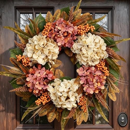 26" Autumn Fall Door Wreath with Hydrangea Berry Eucalyptus for Outdoor | Realistic Eucalyptus Leaves, Hydrangea Flowers, Berries and Hook for Farmhouse Fall Decorations; UV-resistant, Weatherproof - Image 1
