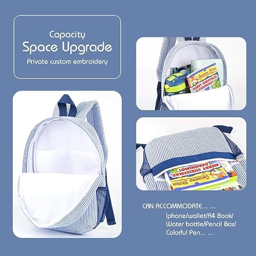 MT WORLD Kids' Backpacks Set Personalized Backpacks with Lunchboxes and Travel Duffel Bag with Embroidered Name Seersucker Toddler Bookbag with Lunch Bag and Overnight Bag for Girls Boy thumbnail 3