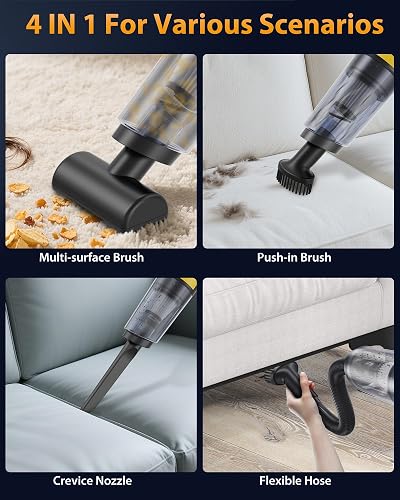 XenonLab Handheld Vacuum Cordless 1.1 Pounds Car Vac 10000PA Hand Held Vacuums 4-in-1 Hand Vac Cordless Rechargeable HEPA Filter Large Capacity Dust Cup for Car Office Home Pets Hair (Yellow) thumbnail 4