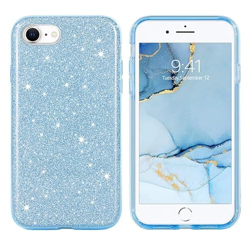 GUAGUA Compatible with iPhone SE 2022/2020 Case, iPhone 8/7 Case 4.7 Inch Glitter Sparkle Bling Cover for Girls Women with Extra Ring Kickstand Slim Protective Case for iPhone SE 3rd/2nd, Blue thumbnail 9