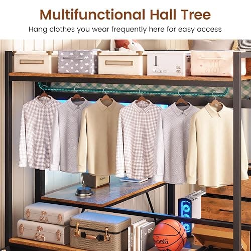 Itaar Twin Loft Bed with L-Shaped Desk and 8 Storage Drawers, Metal Kids Loft Bed Twin with Led Lights & Charging Sation, Hall Tree, Safety Guard & Ladder, No Box Spring Needed, Rustic Brown thumbnail 4
