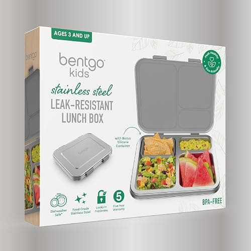 Bentgo Kids Stainless Steel Leak-Resistant Lunch Box, 3 Compartments | Bonus Silicone Container, PFAS & BPA-Free, Odor-Resistant, Dishwasher Safe, Ages 3+ (Silver) thumbnail 8