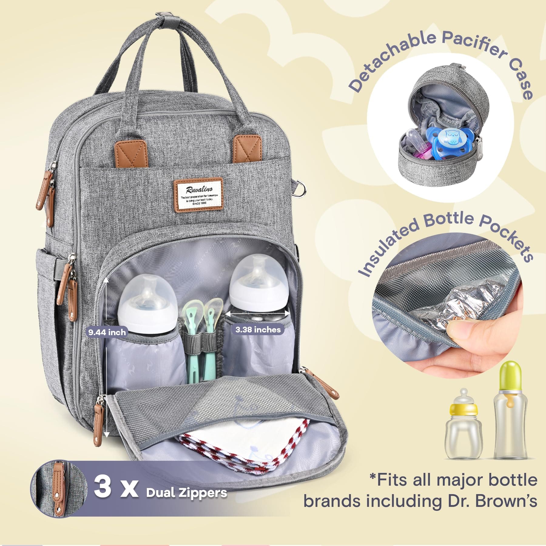 Ruvalino Diaper Bag Backpack, Baby Diaper Bag Backpack with Changing Mat for Mom and Dad (Grey) thumbnail 3