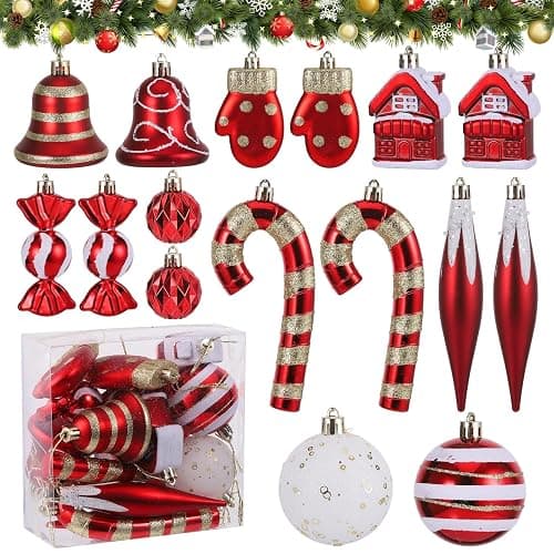 Huiguli Weihnachtskugeln Set, 16 Stück Plastik Christbaumschmuck, Mehrweg, Rote Weihnachtskugel Ornamente, Christbaumkugeln Bruchsicher für Weihnachtsbaum, Süßigkeit, Glöckchen, Handschuh - Image 1
