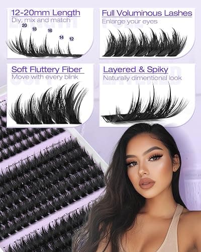 Volume Lash Clusters Kit with Spikes Manga Eyelash Clusters Wispy Cluster Eyelash Extensions Kit 12-20mm D Curl Spiky Individual Lashes DIY Lash Extension Kit with Quick-Dry Bond & Seal, Lash Tweezer thumbnail 5