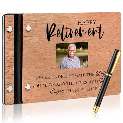 Skyygemm Wood Retirement Guest Book with Signature Pen Retirement Party Decorations Supplies Gifts for Women Men Office Colleague Advice and Wishes(Retirement) - Image 1