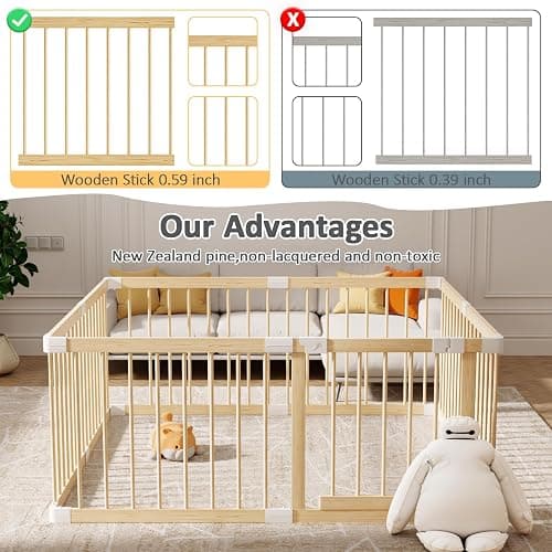 Baby Playpen,Wooden and Toddler Playpen,Play Pen for Babies and Toddlers Kids Indoor,Wooden Babies with Locking Baby Gate,Easy to Assemble,Play Pen Area Indoor, Non-Collapsible(53x53x24 Inch) thumbnail 6