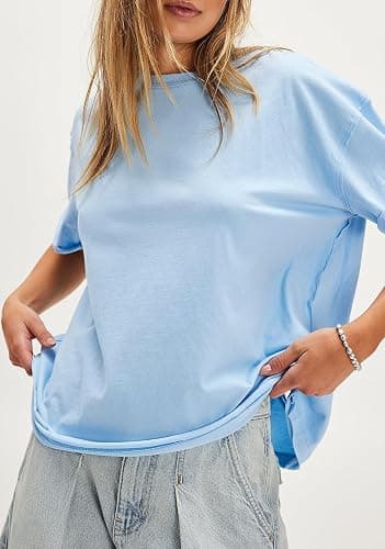 UAURORAO Women Butterfly Tee Top Short Sleeve Cut Out Back Sheer Tops Oversized Slouchy Crew Neck Embroidered T Shirts thumbnail 4