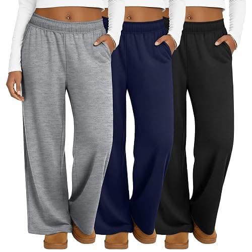 Oakgarden 3 Pack Women's Plus Size Sweatpants Casual Wide Leg Interior Drawstring High Waist Yoga Baggy Pants with Pockets - Image 1