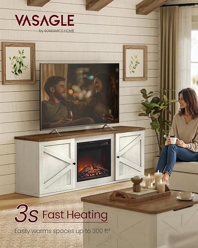 VASAGLE Fireplace TV Stand for TVs up to 80 Inches, 18-Inch ELectric Fireplace with Remote, Farmhouse Entertainment Center, Media Console Table for Living Room, Rustic White and Honey Brown ULTV541W01 thumbnail 3
