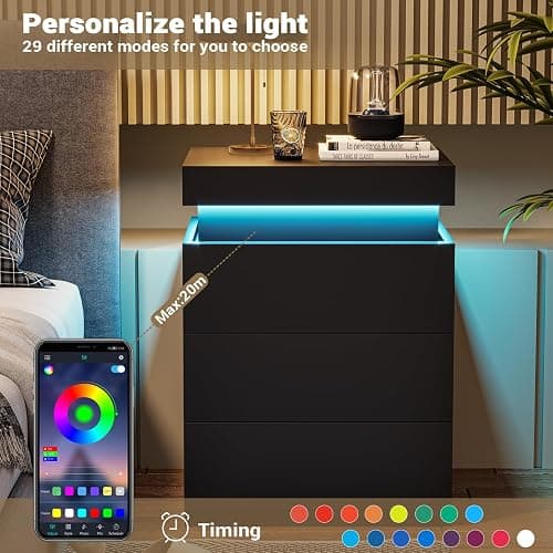 ADORNEVE Nightstand with Charging Station and LED Lights,Night Stand with Sliding Top,Bedside Table with Drawers,Modern End Side Table for Bedroom,Black thumbnail 5