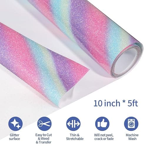 VINYL FROG Glitter HTV Vinyl 10" x5ft Heat Transfer Vinyl Roll Rainbow Iron on Vinyl Sparkle Heat Press Vinyl for T-Shirts Gift Designs thumbnail 2