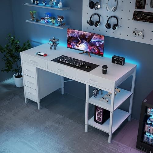Sweetcrispy 55" Computer Desk with 6 Drawers, Home Office Gaming Desks with Storage Shelves for Bedroom, Writing Study Corner Living Room Work Table White thumbnail 4