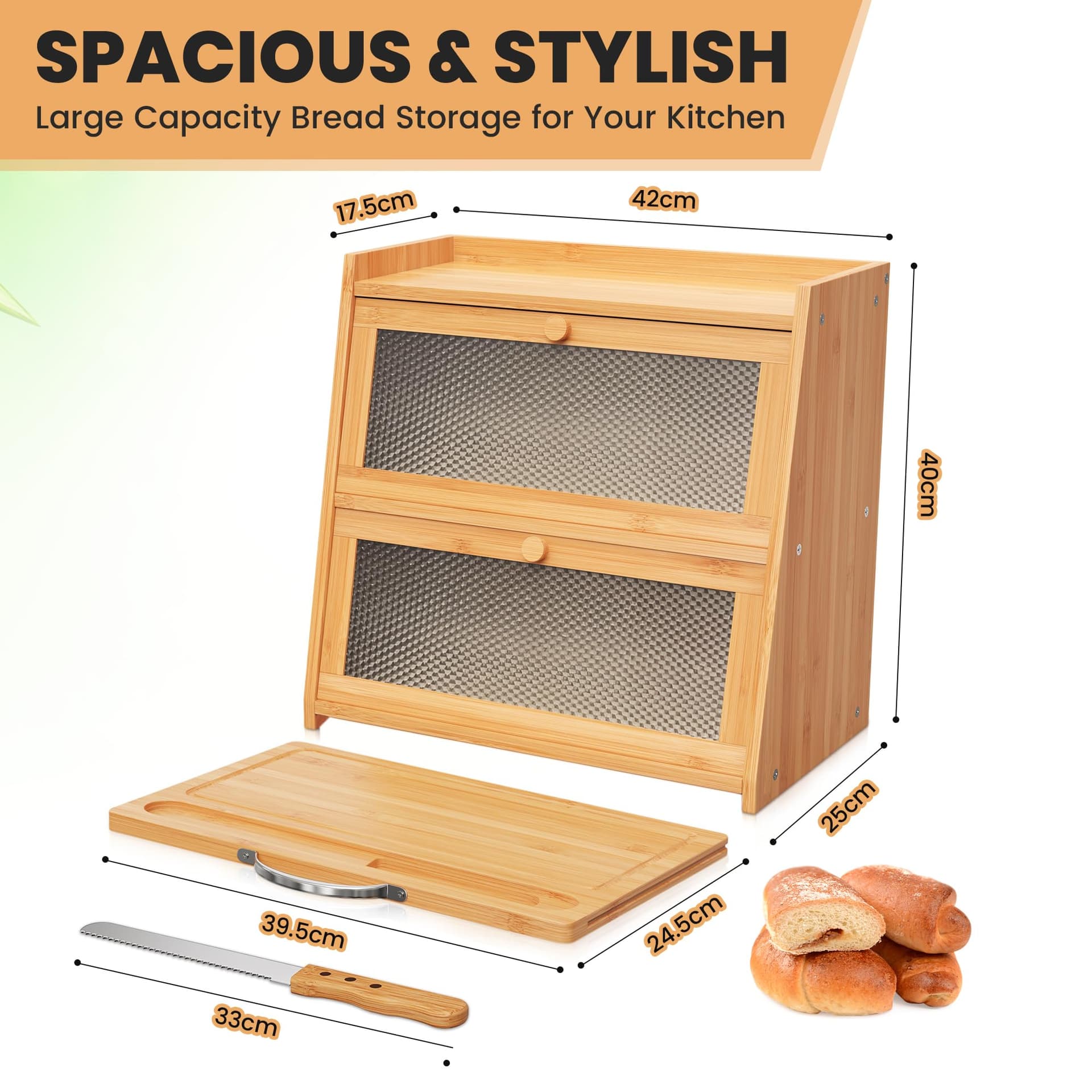 BLANCE Bread Box for Kitchen Storage & Organisation, Bamboo Breadbox Bread Bin Bread Storage With Cutting Board & Bread Knife, Large Size Bread Box with Acrylic Door thumbnail 5