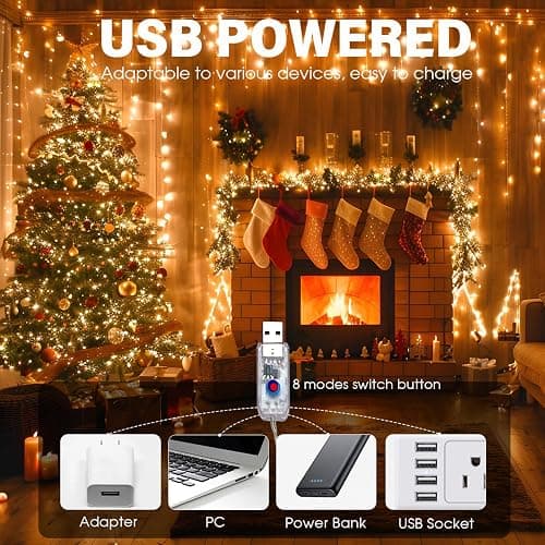 Fairy Lights Plug in 66FT 200 LED USB Twinkle Lights for Bedroom Copper Wire Lights with Remote and Timer 8 Modes, Waterproof String Lights for Dorm DIY Party Christmas Decoration（Warm White） thumbnail 5