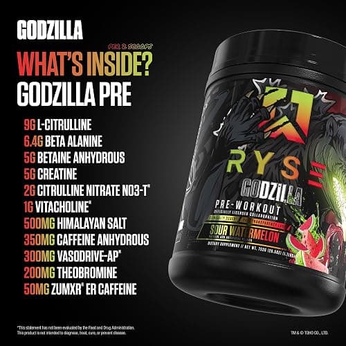 RYSE Godzilla X Noel Deyzel Pre Workout Powder - Sour Watermelon - 400mg Caffeine, High Stim Pre-Workout for Men & Women with Citrulline & Beta Alanine - Energy, Pump & Focus - 20/40 Servings thumbnail 5