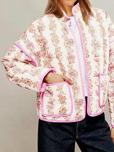 Tankaneo Womens Quilted Lightweight Jackets Floral Print Winter Coats Open Front Cardigan with Pockets thumbnail 3