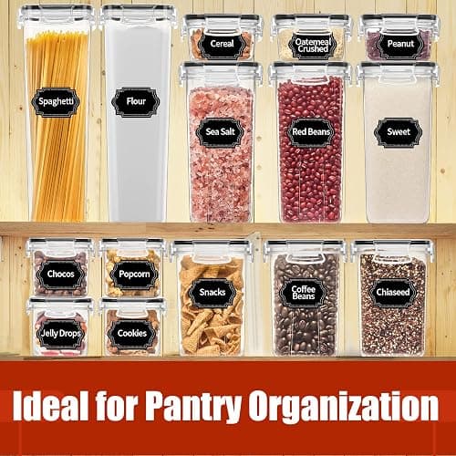 PRAKI 30 Pack Airtight Food Storage Containers for Kitchen Pantry Organizers and Storage, BPA-Free, Plastic Storage Canisters with Lids-Cereal, Flour and Sugar, Include 40 Labels, 6 Spoon & Marker | Plastic Cereal Storage Containers for Flour, Sugar, Dry Food Storage, Include 40 Labels, 6 Spoon & Marker, Black thumbnail 6