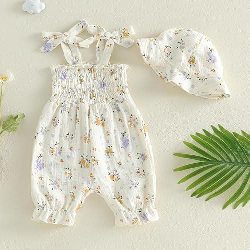 Yabijiojio Baby Girl One Piece Romper with Hat, Newborn Infant Floral Heart Tulip Print Romper Jumpsuit for 0-18 Months thumbnail 7