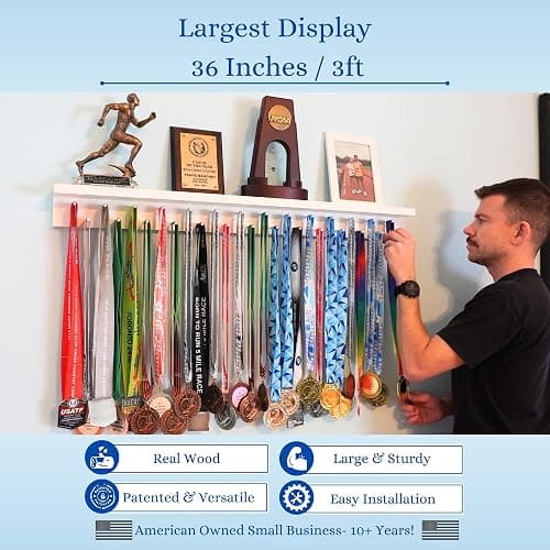 3ft Medal Hanger Display for Wall — Trophy Shelf with Hooks for Medals — 36" Solid Wood — Holds 30+ Medals + Cased Medals for Running, Gymnastics, Cheer, Karate — White- Medal Awards Rack thumbnail 6