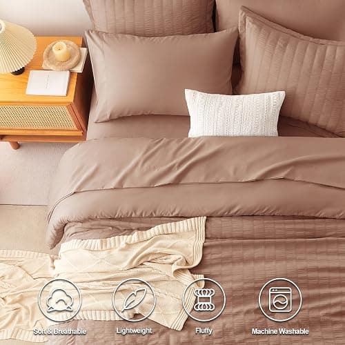 CozyLux Queen Comforter Set Mocha Mousse Seersucker 7 Pieces Bed in a Bag Queen Comforter Set with Sheets, Luxury Bedding Sets with Down Alternative Comforter, Sheets, Pillowcases & Shams All Seasons thumbnail 2