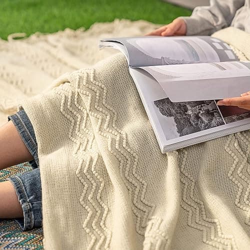 MIULEE Knitted Beige Throw Blanket Soft Sofa Knit Blanket for Couch 50 x 60 Inches, Solid Cozy Lightweight Wave Pattern Decorative Blankets with Tassels for Women, Kids thumbnail 2