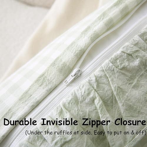 K MASANIJI 2 Pack Pile Green White Plaid Ruffle Gingham Throw Pillow Covers, 100% Washed Cotton Checkered Farmhouse Decorative Pillow Shams for Bed/Sofa - 18‘’x18'' thumbnail 5