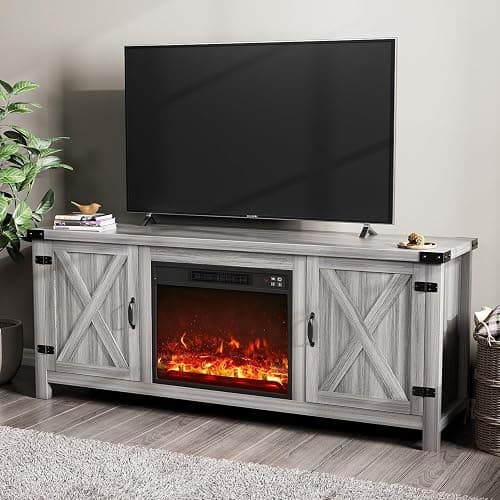 YESHOMY Fireplace TV Stand with Two Barn Doors and Storage Cabinets for Televisions up to 65+ Inch, Entertainment Center Console Table, Media Furniture for Living Room, 58 Inch, Gray Wash thumbnail 10