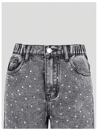 WDIRARA Girl's Sparkly Rhinestone Baggy Jeans High Waisted Washed Wide Leg Denim Pants thumbnail 7