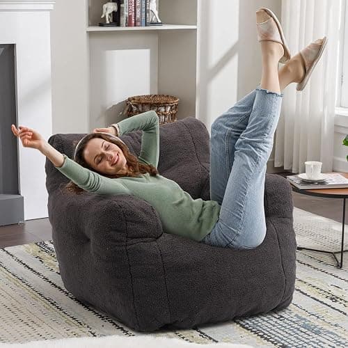 Recaceik Bean Bag Chairs, Tufted Soft Stuffed Bean Bag Chair with Filler, Fluffy Lazy Sofa, Imperial Lounger Giant Bean Bag Chair for Bedroom, Living Room, Dark Black thumbnail 3