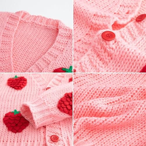 FindThy Women’s Kawaii Strawberry Embroidered Cardigan Long Sleeve V Neck Chunky Knitted Cardigans Tops thumbnail 3