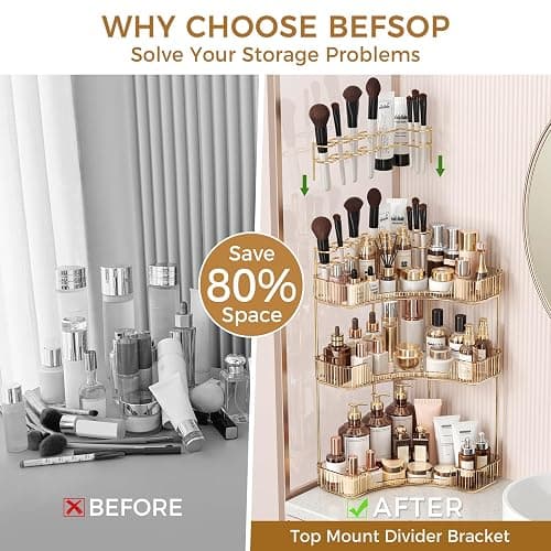 BEFSOP Corner Bathroom Counter Organizer, Upgraded 3-Tier Makeup Organizer Countertop with Makeup Brush Holder, Skincare Exquisite Vanity Organizers Countertop Bathroom Storage Dresser(GOLD) thumbnail 3