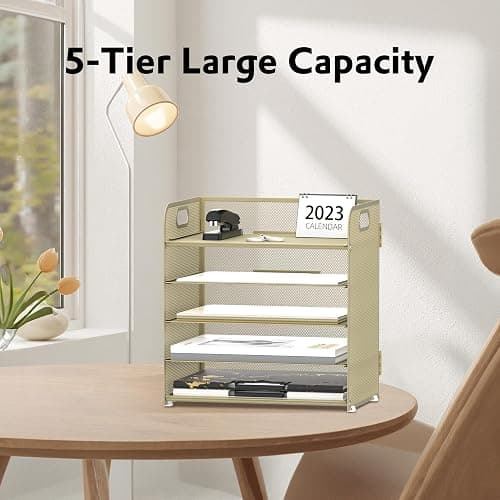 Supeasy 5 Trays Paper Organizer Letter Tray with Handle-Mesh Desk File Organizer,Pink Paper Sorter Desk Organizer for Office, Home or School (Gold Yellow) thumbnail 5