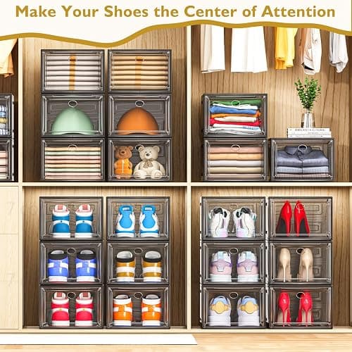 7 code Thicken & Sturdy Clear Shoe Storage Organizer with Magnetic Door, Stackable Boxes for Closet, Foldable Shoe Rack for Sneaker Boot Container, Plastic Shoe Cabinet Shoe Box 6 Pack, Black thumbnail 2