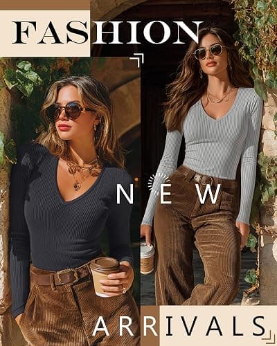 Riyiper 3 Pack Women Long Sleeve Shirts, 95% Cotton V Neck Ribbed Knit Tops Slim Fit Casual Going Out Tee Shirts thumbnail 3