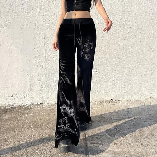 Inpunktoo Y2k Goth Velvet Bell Bottom Pants for Woman Drawstring Flared Punk Low Waisted Wide Leg Lounge Comfy Gothic thumbnail 5
