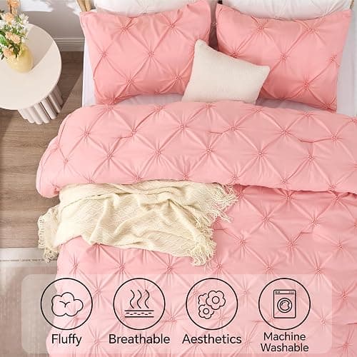BEDELITE Pink Queen Comforter Set,Fluffy & Soft Comforter | Pintuck Boho Bedding, Warm & Cute Bed Set for All Season,With 2 Pillowcases thumbnail 5