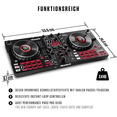 Numark Mixtrack Platinum FX - DJ Controller Pult mit 4-Deck Kontrolle, integriertem Audio Interface, Jogwheel-Displays und Effektpaddeln thumbnail 5