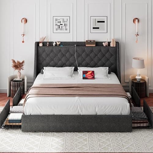 iPormis Queen Bed Frame with 4 Storage Drawers, Upholstered Platform Bed Frame with Type-C & USB Ports, Wingback Storage Headboard, Solid Wood Slats, No Box Spring Needed, Dark Gray thumbnail 3