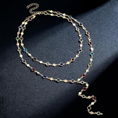 Colorful Crystal Long Necklace for Women Dainty Boho Y-Shaped Color Bead Necklaces Sparkly Rhinestone Pendant Layered Gold Long Chain Choker Good Luck Trend Jewelry Gift Jewelry thumbnail 6