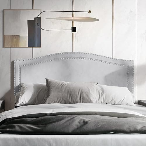 Castle Place Twin Curved Velvet Upholstered Headboard with Chrome Nailhead Trim, Silver Grey - Image 1