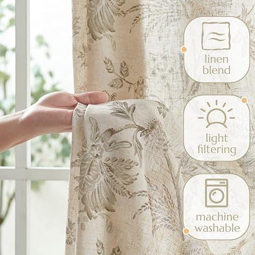 jinchan Linen Floral Curtains for Living Room with Printed Flower 63 Inches Long Light Filtering French Country Back Tab Rod Pocket Taupe Window Curtain Set Farmhouse Drapes 2 Panels Taupe thumbnail 5