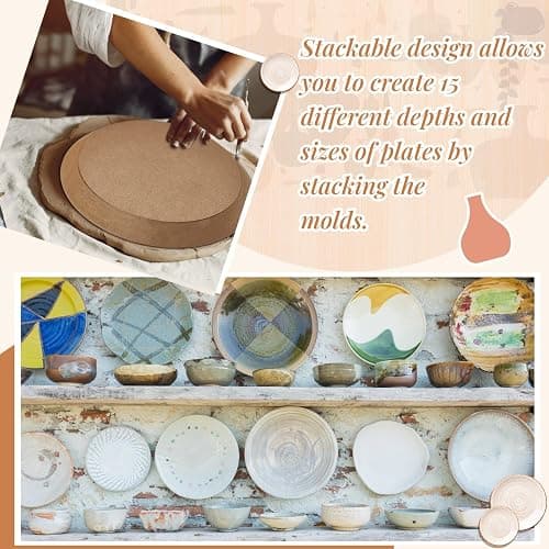 Sunnychicc 5 Pcs Round Pottery Molds for Handbuilding,6.14-10.87 Inch | Ceramic Plate Molds, Wooden Pottery Forms for Clay, Non-stick & Stackable, Slump Templates Tools for Crafts DIY Supplies thumbnail 4