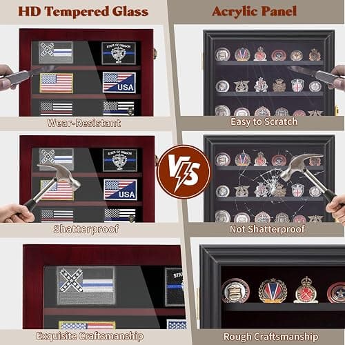 ASmileIndeep Military Challenge Coin Display Case 6 Rows Wooden Army Coin Holder with HD Tempered Glass Lockable Coin Wall Dsplay Box with Removable Shelves, Red thumbnail 5