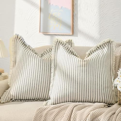 ZWJD Throw Pillow Covers 20x20 Set of 2 Striped Pillow Covers with Fringe Chic Cotton Decorative Pillows Square Cushion Covers for Sofa Couch Bed Living Room Farmhouse Decor - Image 1