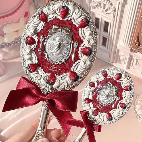 Flower Knows Strawberry Cupid Hand Mirror,Vintage Handheld Mirror,Fancy & Pretty Princess Mirror with Long Handle,Gift for Girls & Women(Red Velvet) thumbnail 5